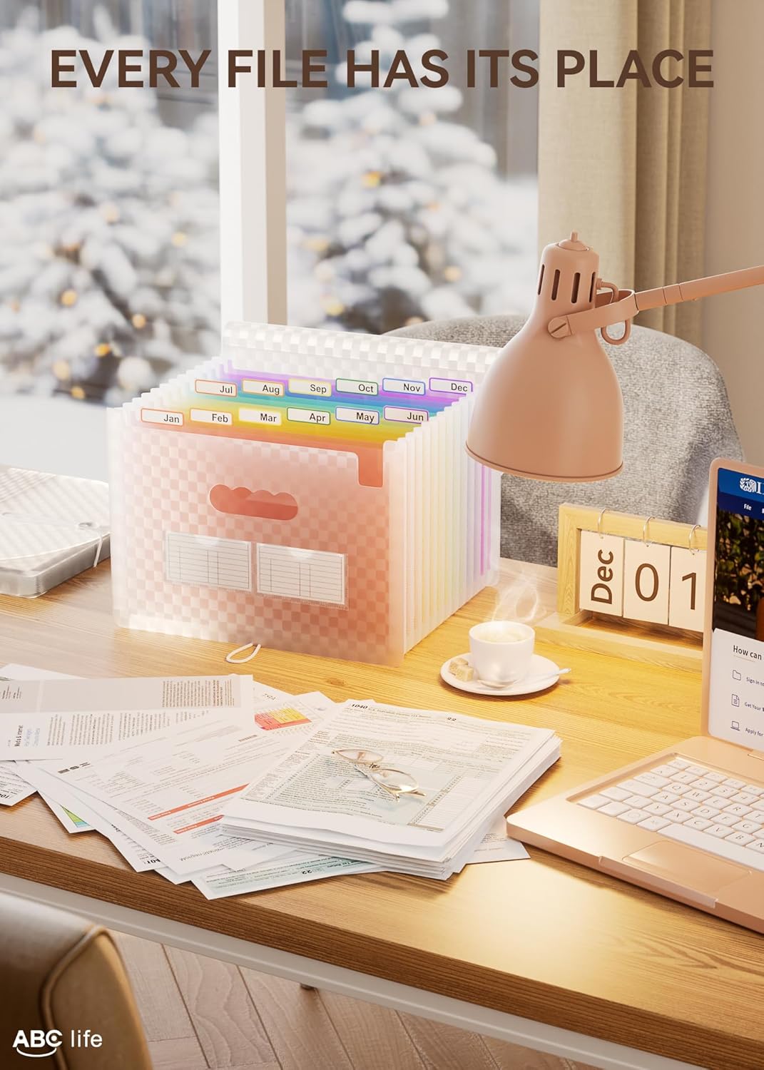 ABC life 12 Pockets Accordion File Organizer Expanding File Folders, Portable Monthly Bill Receipt Document Organizer, Expandable Accordian Filing Folder Letter A4 Size, Colored Tabs (Pink)