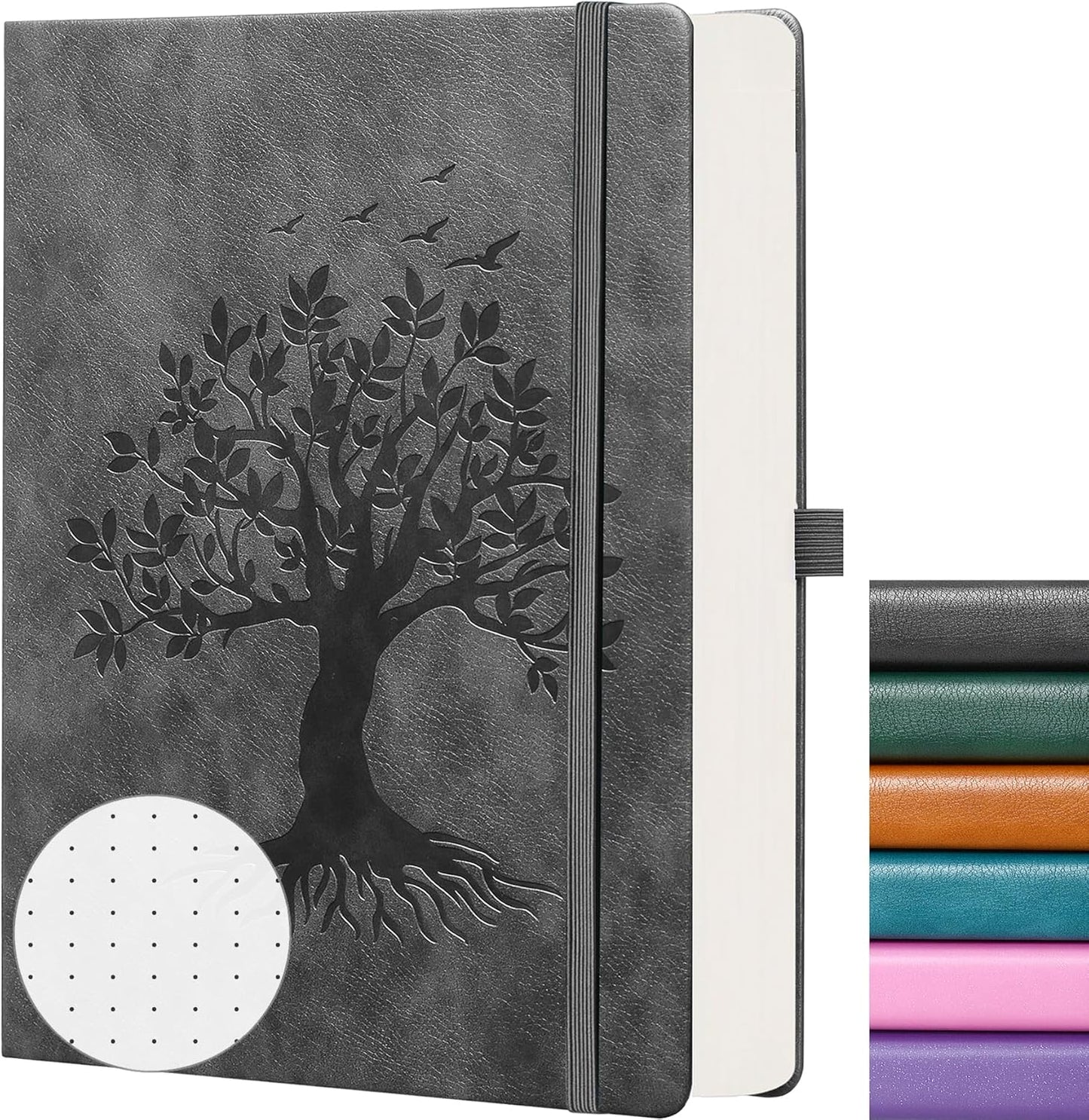 ZXHQ A5 Bullet Dotted Journal Notebook - 150gsm Thick Paper, 256 Pages, Dot Grid Hardcover, Tree of Life Design, Fine Inner Pocket - 5.9" × 8.5" Dark Grey