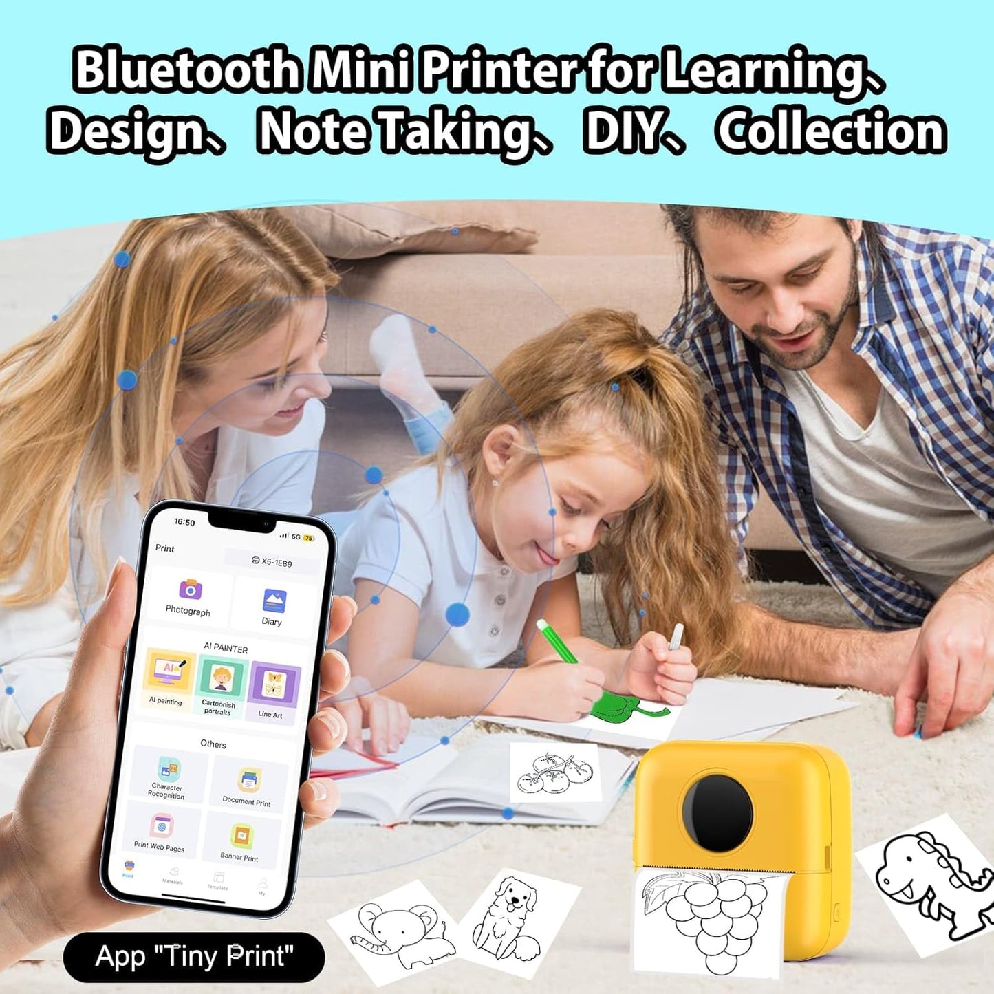 HuiJuKeJi Mini Sticker Printer Bluetooth Smart Pocket Inkless Thermal Printer with 11 Rolls Thermal Paper and Sticker for iOS&Android, Portable Receipt Printer for Photo Note Memo (Yellow)