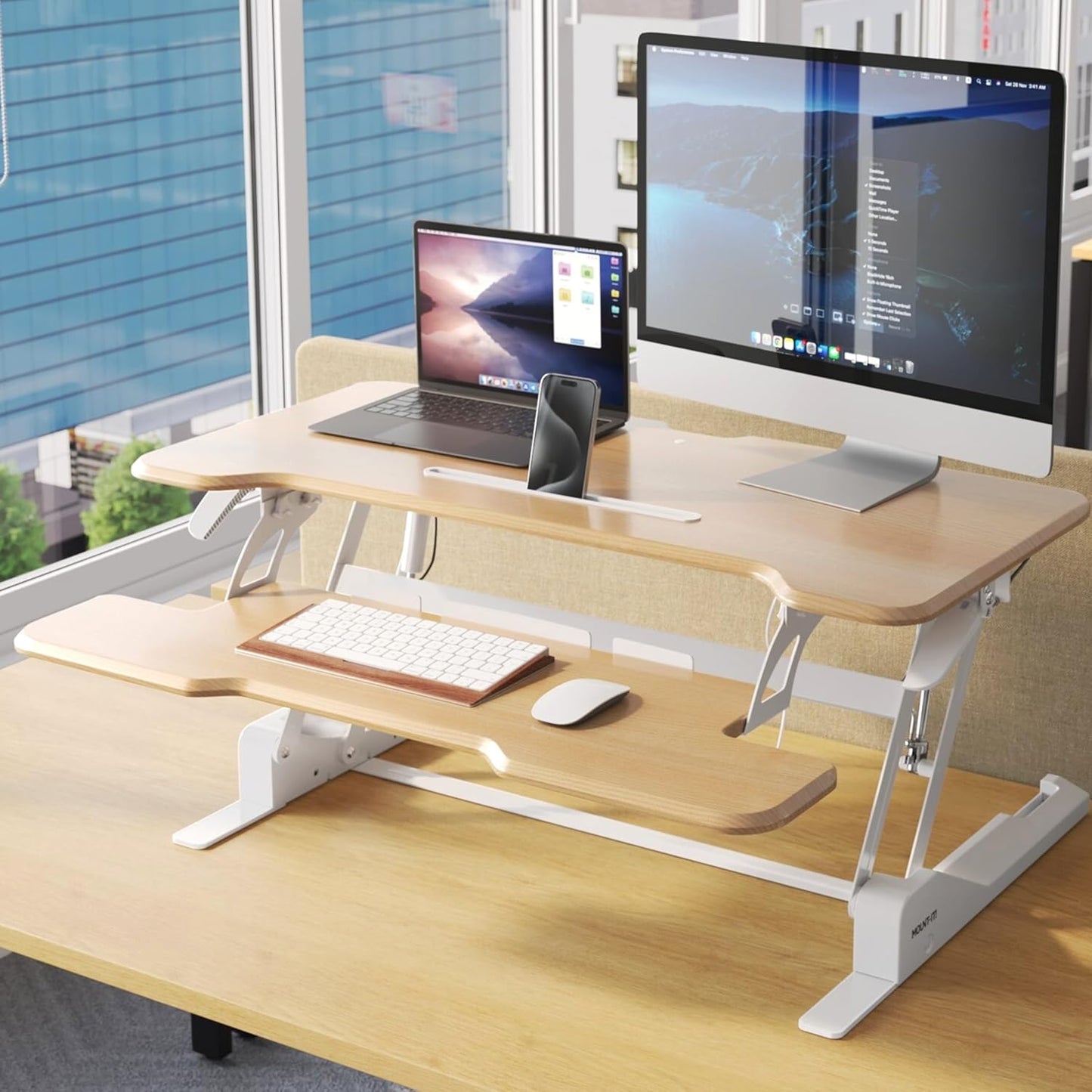 Mount-It! Height Adjustable Standing Desk Converter, 38” Wide, Desk Riser for 2 Monitors, Manual Gas Spring Sit Stand Desktop Raises to 16.9", Fits Two Monitor Screens with Keyboard Mouse Tray Maple