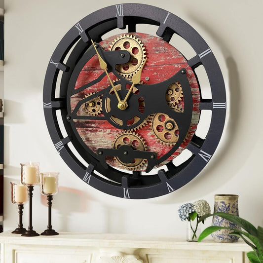The Gears Clock 16 inches Wall Clock with Real Moving Gears Convertible into a Big Mantel Clock (Red Lava)