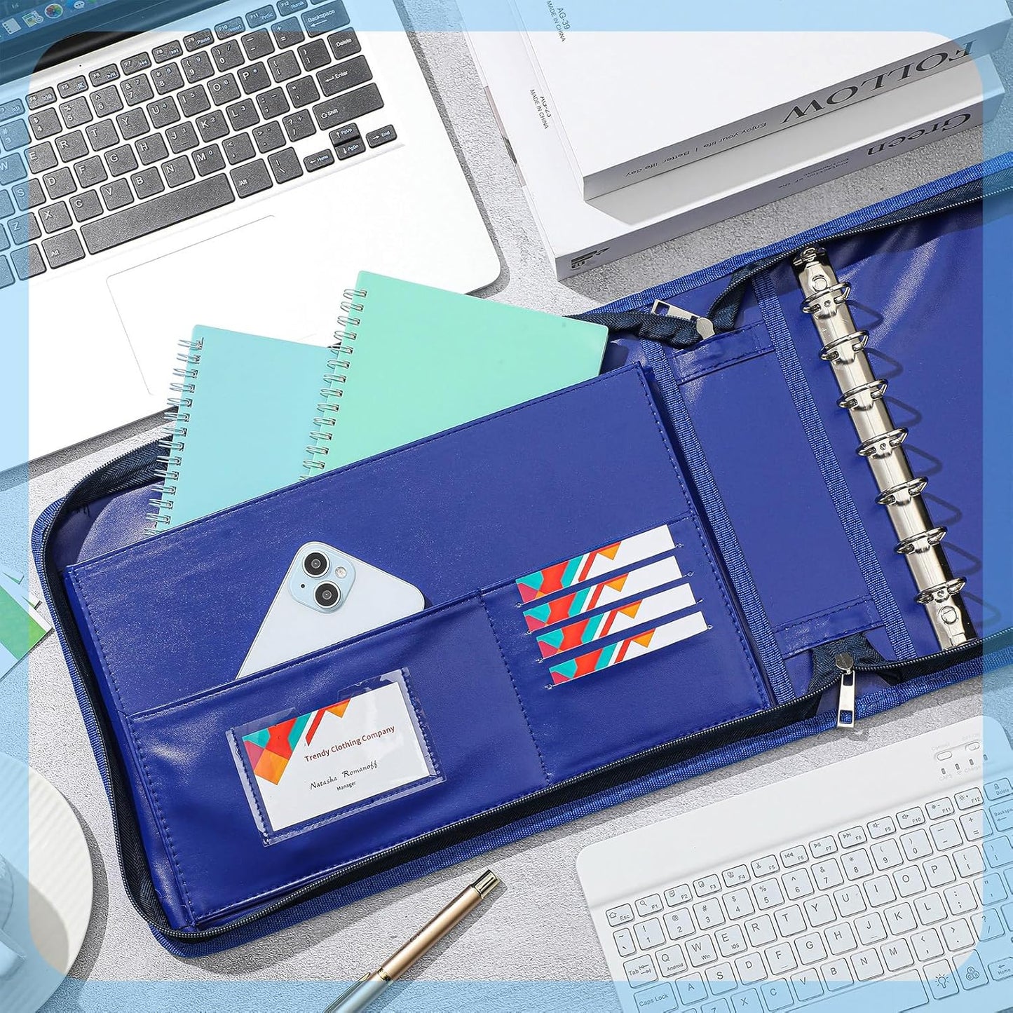 Henoyso 7 Ring Fireproof Business Checkbook Binder with Zipper 1.5 Inch D Rings Check Binder 9 x 13 Inch Checks 600 Sheets Capacity Built in Storage Organizer for Office Storage(Dark Blue,7 Ring)