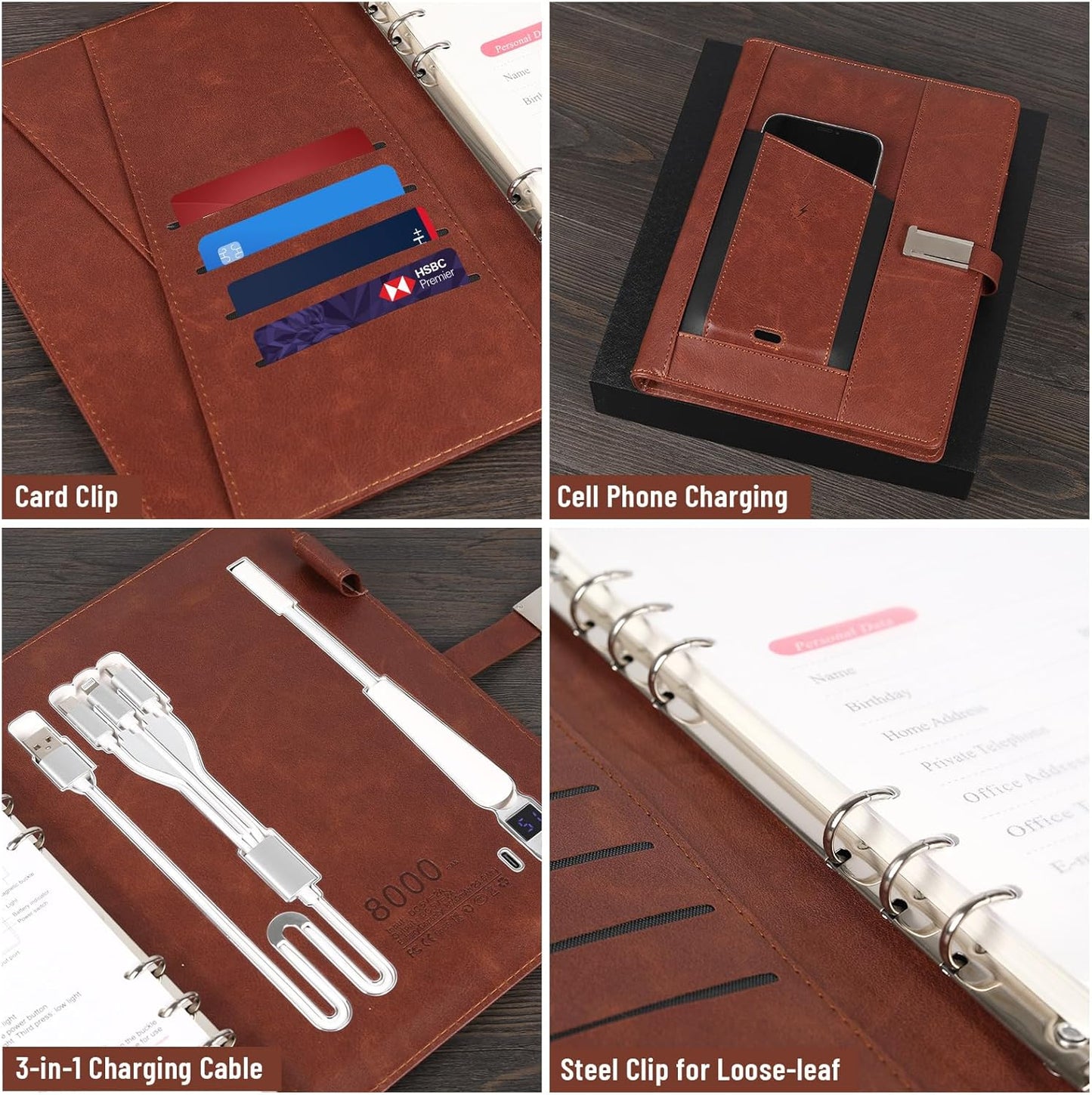 Notebooks for Work Leather&Refillable Notebook with Book Light,Traveler Notebook with 8000mAh Power Bank,Card Holder,16G Thumb Drive,Provide Pen and Gift Box,Business,School,Travel