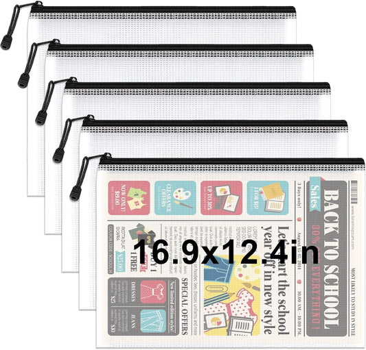 Umriox 5PCS A3 Zipper Bags, Extra Thick Mesh Zipper Pouch, Large Storage Bags, Zipper Pouches for Office Supplies, Puzzles Organizing Storage