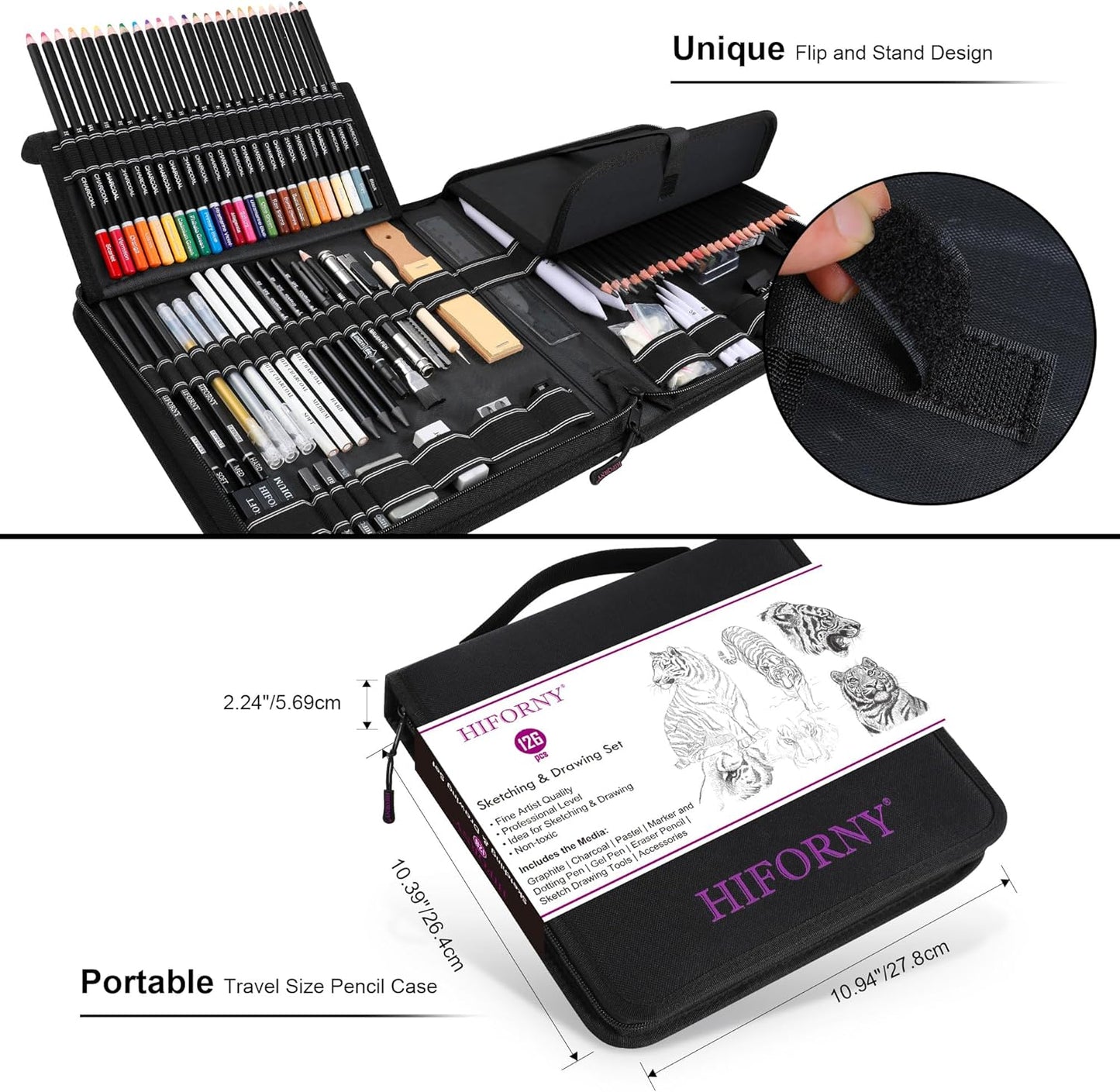 HIFORNY 126 PCS Drawing Kit Sketching Pencil Set,Sketch Pencils Art Supplies with 3-Color Sketchbook,Graphite,Charcoal,Blending Tools,Drawing Pencils for Adults Artists in Zipper Case