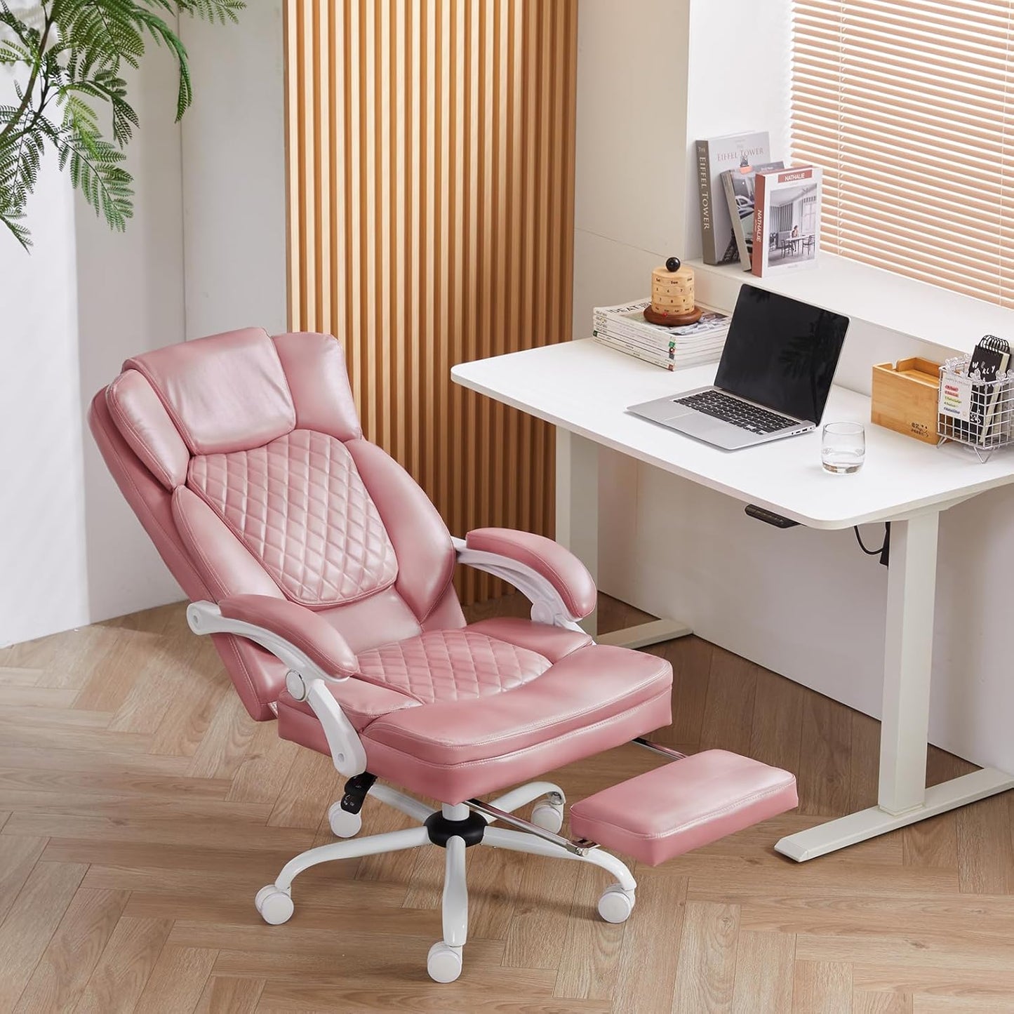 Ergonomic Office Chair with Foot Rest, Executive Chair with Footrest PU Leather Computer Chair, Big and Tall Chair Reclining Desk Chair, Thick Padded Coil Spring Seat, 400 lbs Capacity (Pink)