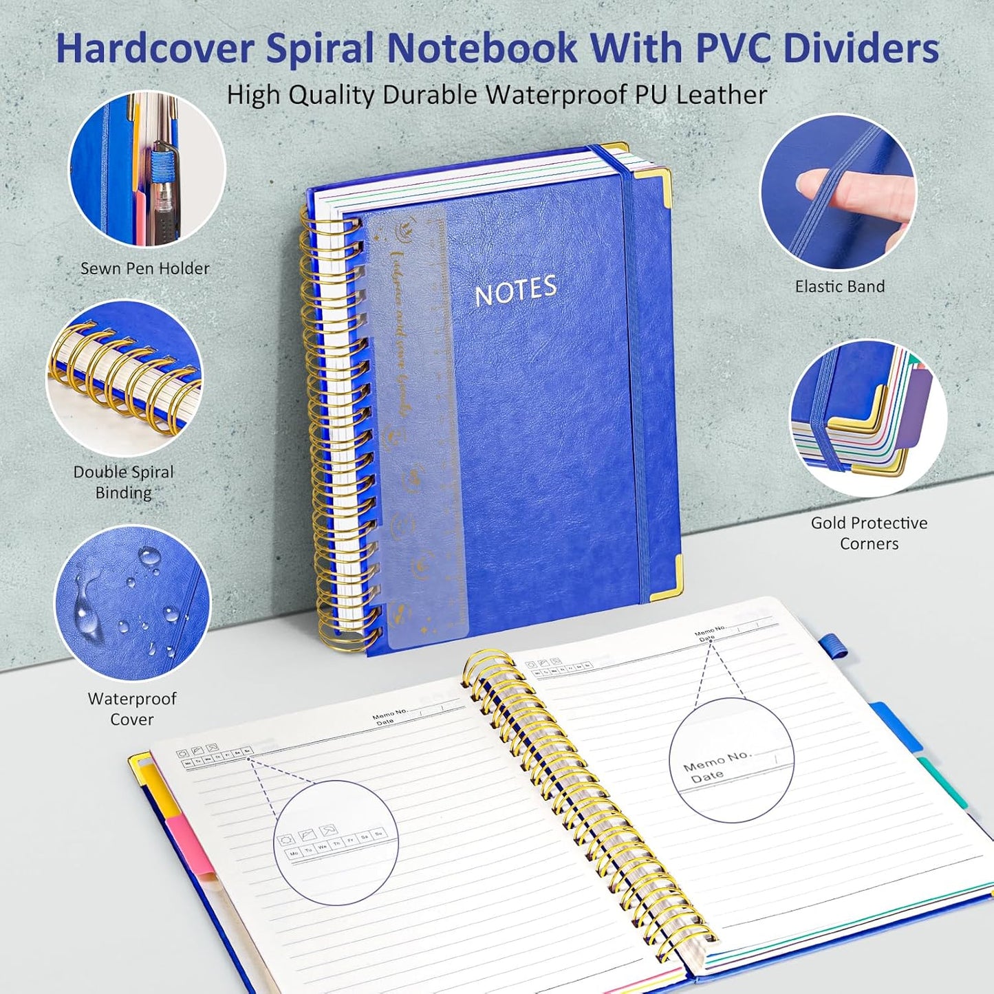 Hardcover Spiral Notebook Journal, 8"x10" Large B5 Notebooks with Removable Dividers Tabs, 300 Pages Leather 5 Subject Notebook College Ruled, Journal for Work School Note, 100 GSM Thick Paper,Blue