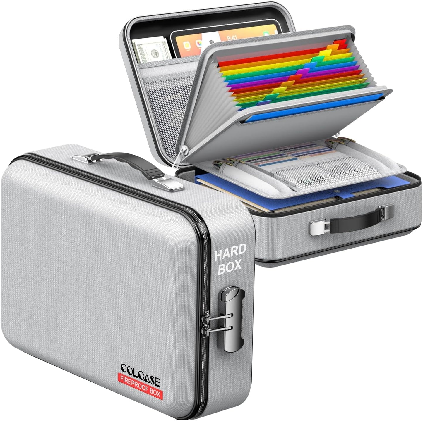 Fireproof Document Box, Hard Case Fireproof File Organizer with Lock Hard-Shell Design Fireproof Water Resistant Safe Box for Important Documents Certificates Laptop Passports Gray