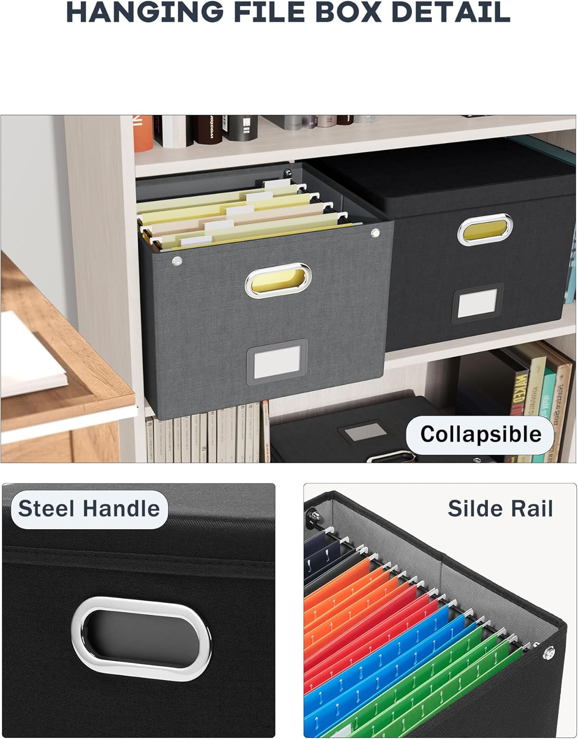 Oterri File Organizer Box with Lid,Large Hanging Filing Box with Mesh Pocket, Document c for Letter Files, Portable Storage Case with Smooth Sliding Rail for Office&Home (1 PCS, Black)