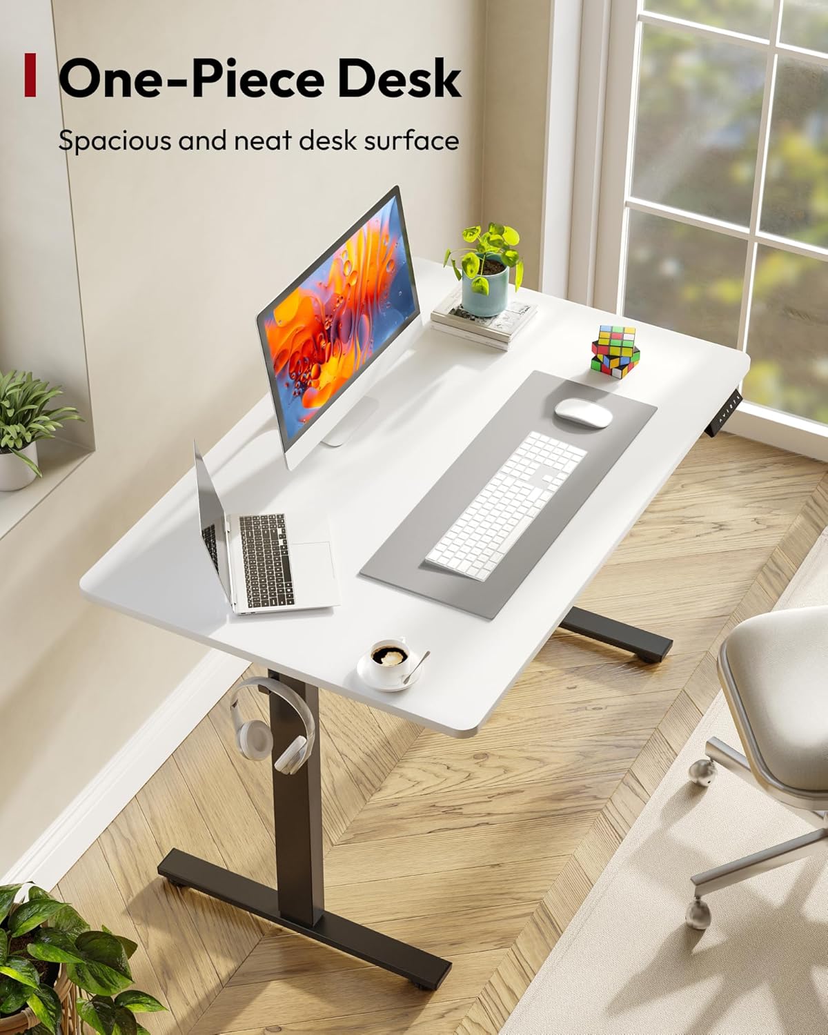 SANODESK Electric Standing Desk 48 x 30 Inches Whole-Piece Desktop Height Adjustable Stand Up Desk w/6-Button Controller Ergonomic Computer Desk for Home Office, Black Frame + White Tabletop