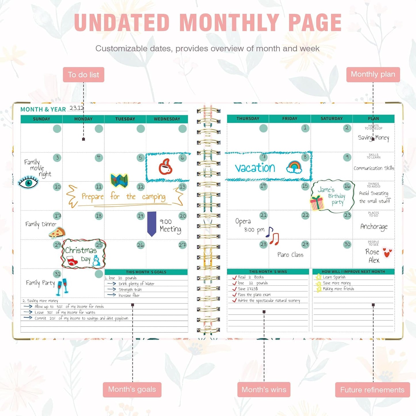 Ospelelf Undated Spiral Bound Planner 2025 Daily, Weekly and Monthly Planner, Pink Teacher Planner 12 Month 8.5 x 11