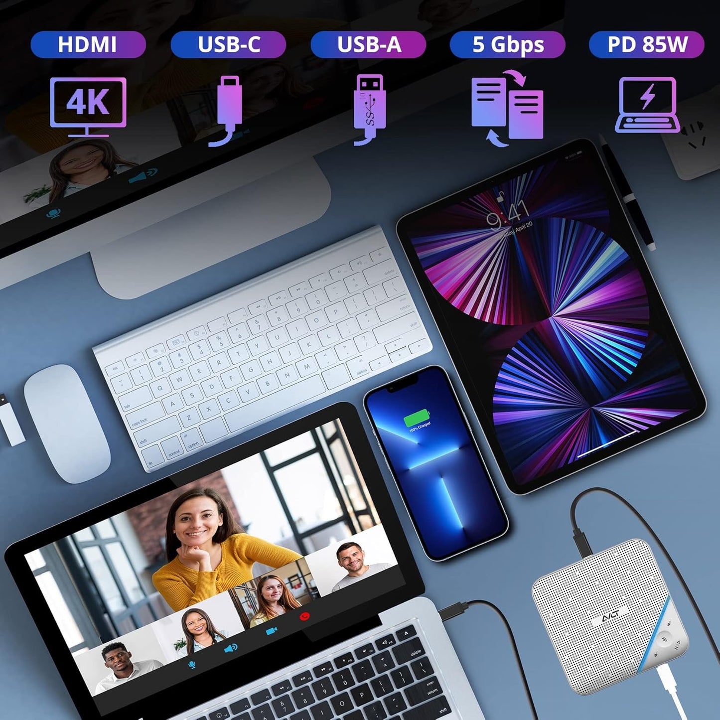 AVLT USB C Speakerphone Hub 360° Omnidirectional Sound Conference Microphone PD 85W Charging, 5Gbps Data Speed, External 4K HDMI Display Support, Portable and Space Saving for Meetings