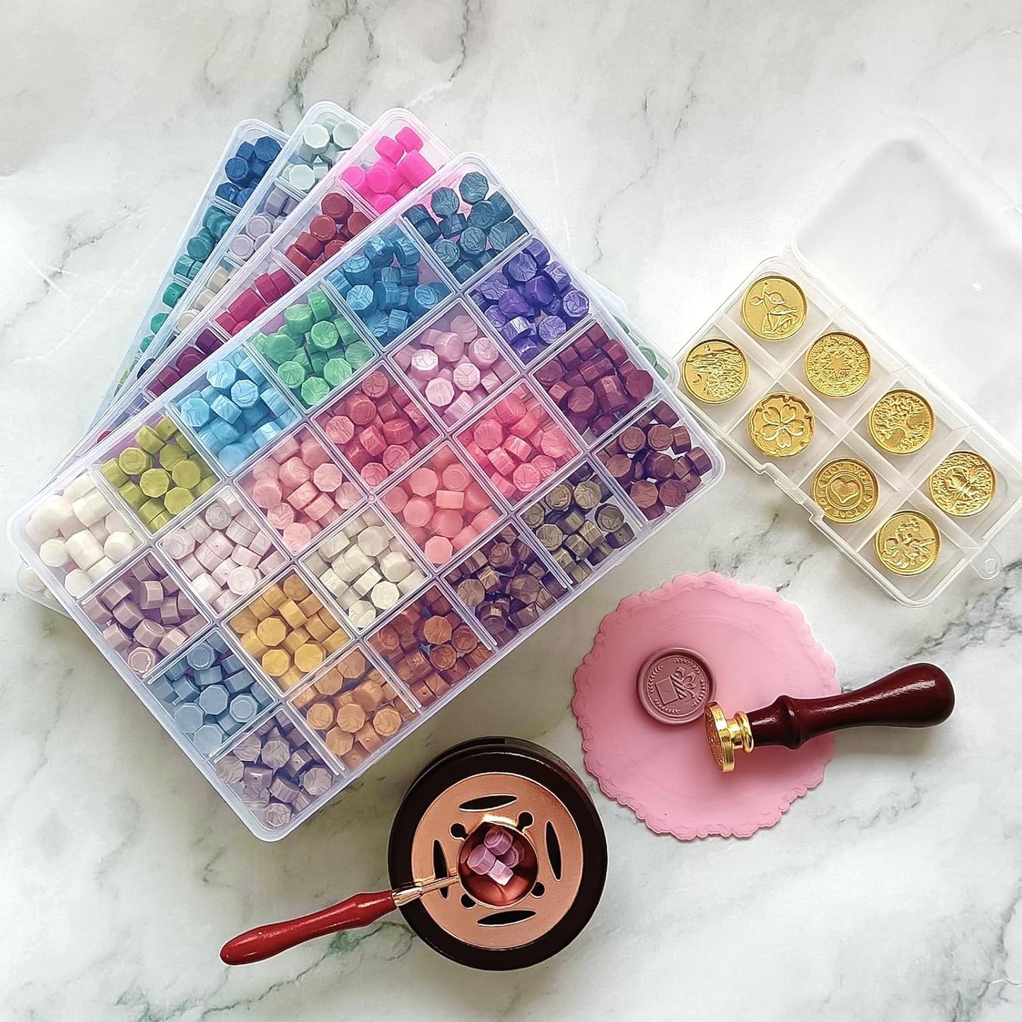 96 Colors Wax Seal Stamp Kit,2400Pcs Sealing Beads,All in one Wax Seal Kit with Sealing Stamps, Warmer,Spoon,Envelopes,Candles,Metallic Pen,for Wedding Invitations Wrapping Christmas Letters