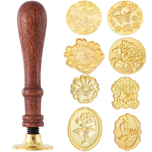 9pcs Wax Seal Stamp Set, Brass Sealing Wax Stamps Head & Wooden Handle for Wedding Invitations Cards Envelopes- Love Rose+Sunflower+Flower Window+Rose Flower+Butterfly+Kapok+Sakura+Leaves