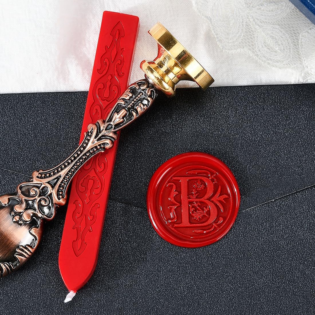 Wax Seal Stamp kit, Envelope Seals DIY Kit - Retro Sealing Wax Candle + Classic Initial Alphabet Seal Stamp Letter B - in Blue Gift Box