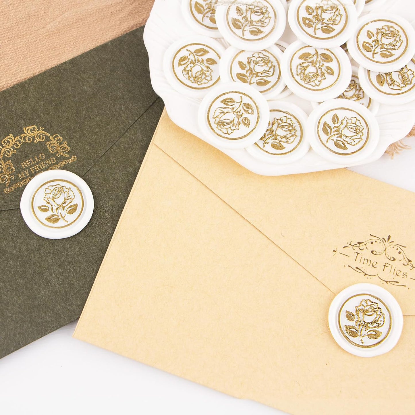100Pcs Gold & White Wax Seal Stickers - Handmade Envelope Seals, Self Adhesive Wax Stickers for Wedding Party Invitations, Envelope, Gift Wrap, Christmas (Gold Rose Style, White)