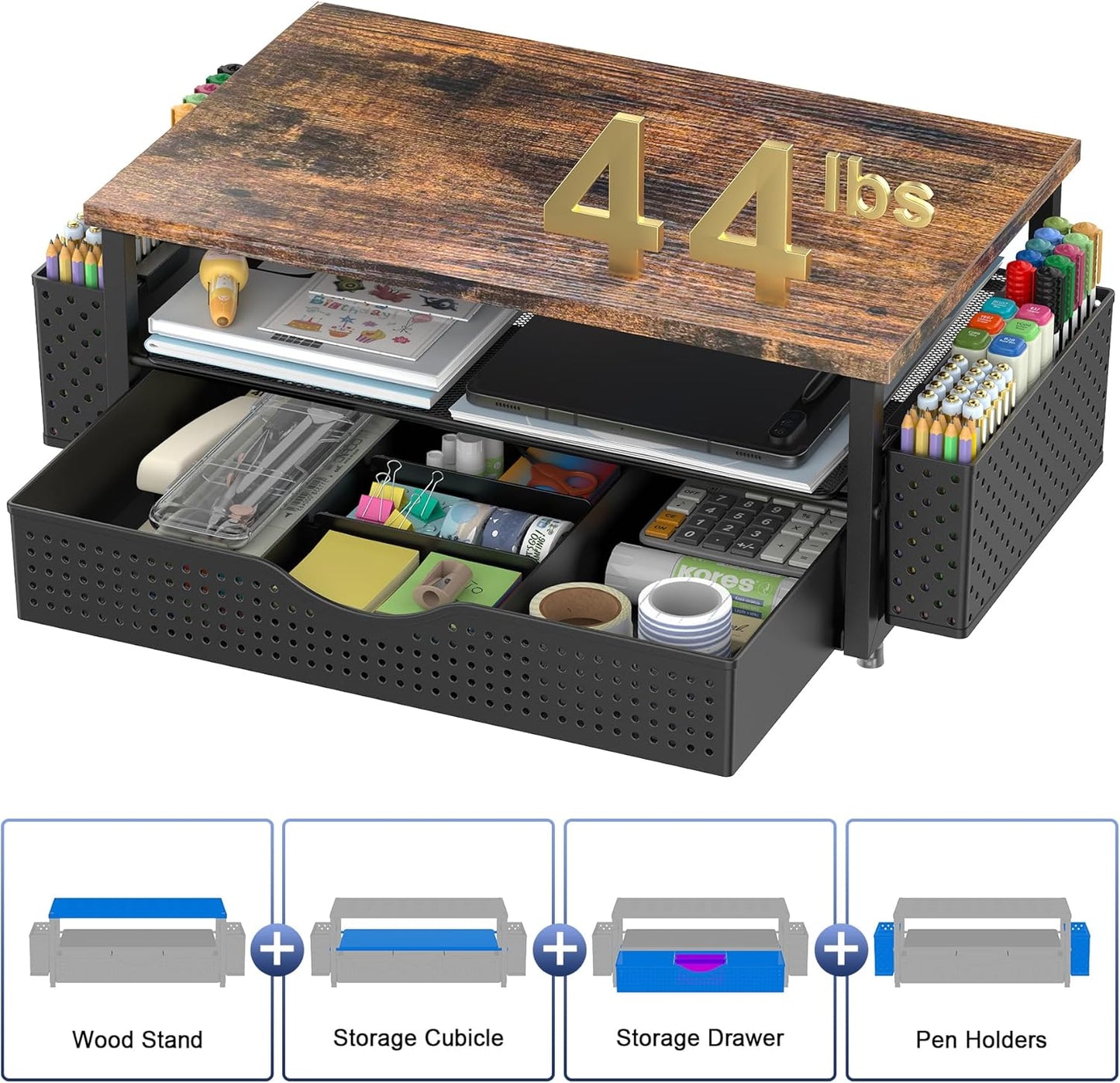 Desk Organizer and Accessories, Computer Monitor Stand Riser with Drawer and 2 Pen Holders, Office Desk Accessories & Workspace Organizers for Office Supplies (Wood)