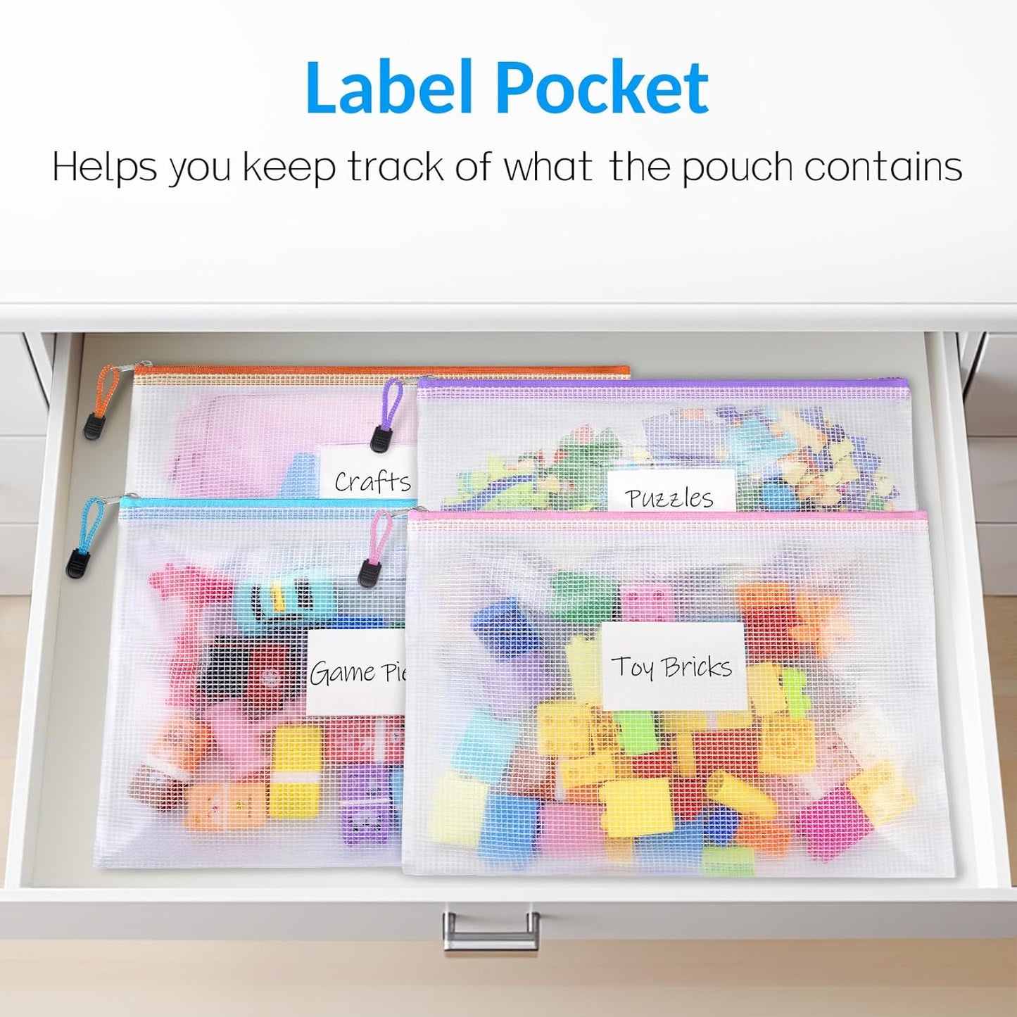 Sooez 14 Pack Mesh Zipper Pouch Bags, A4 Letter Size, Zipper Bags with Label Pocket, Waterproof Pouches for Classroom Organization, Board Game Storage, Document Bag for Teacher School Office Supplies