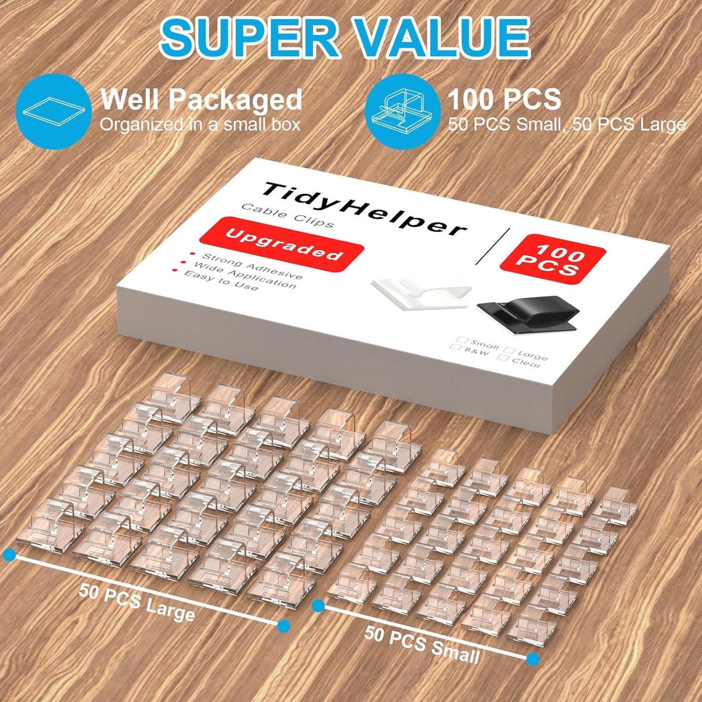 100 PCS Outdoor Light Clips Clear (Small & Large), Adhesive Cable Clips for Wall Wire Holder Cable Management Cord Organizer, Christmas Light Hooks for LED String Lights, Car Dash Cam, Extension Cord