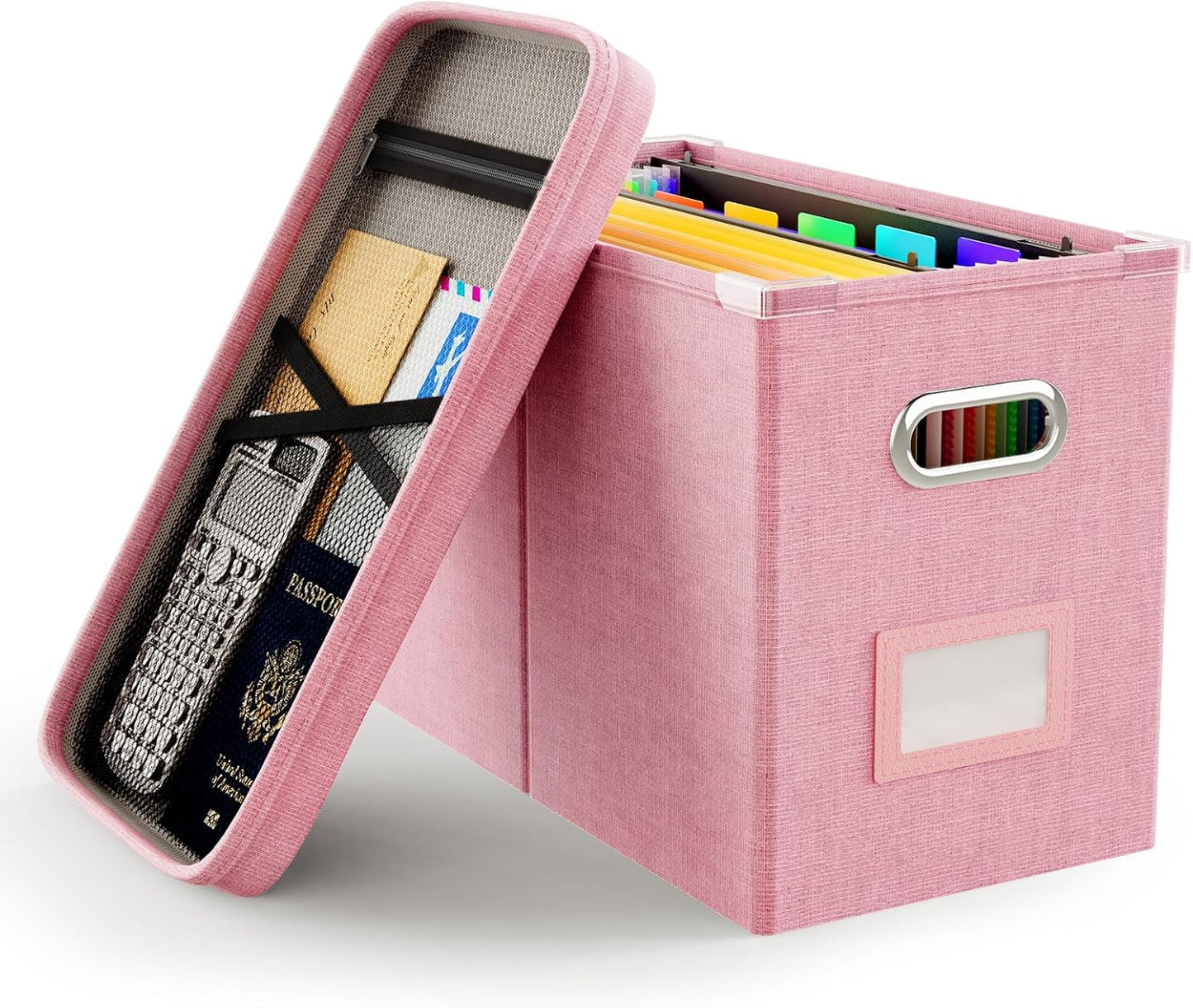 Oterri File Organizer Box with Lid, Hanging Filing File Box with Mesh Pocket, Document Organizer Box for Letter Files, Portable Storage Box with Smooth Sliding Rail for Office&Home (1 PCS, Pink)