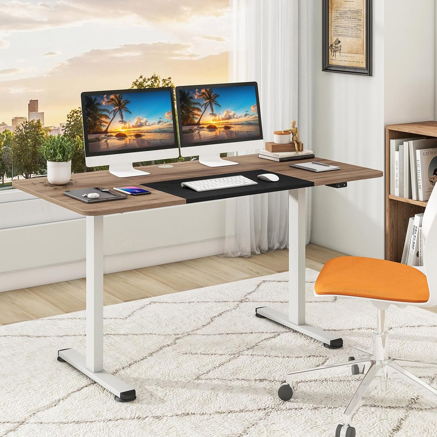 GOFLAME Height Adjustable Electric Standing Desk, 55 x 28 Inch Sit Stand Up Electric Desk with Headphone Hook, Ergonomic Standing Workstation, Electric Standing Desk with Metal Frame, Natural