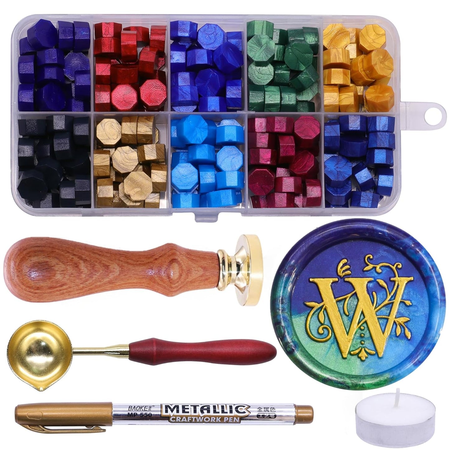 SWANGSA Initial Alphabet W Wax Seal Stamp Kit, Classic Retro Letter Sealing Stamp with 200pcs Sealing Wax Beads Kit for Wedding Invitations Cards Envelopes (W)