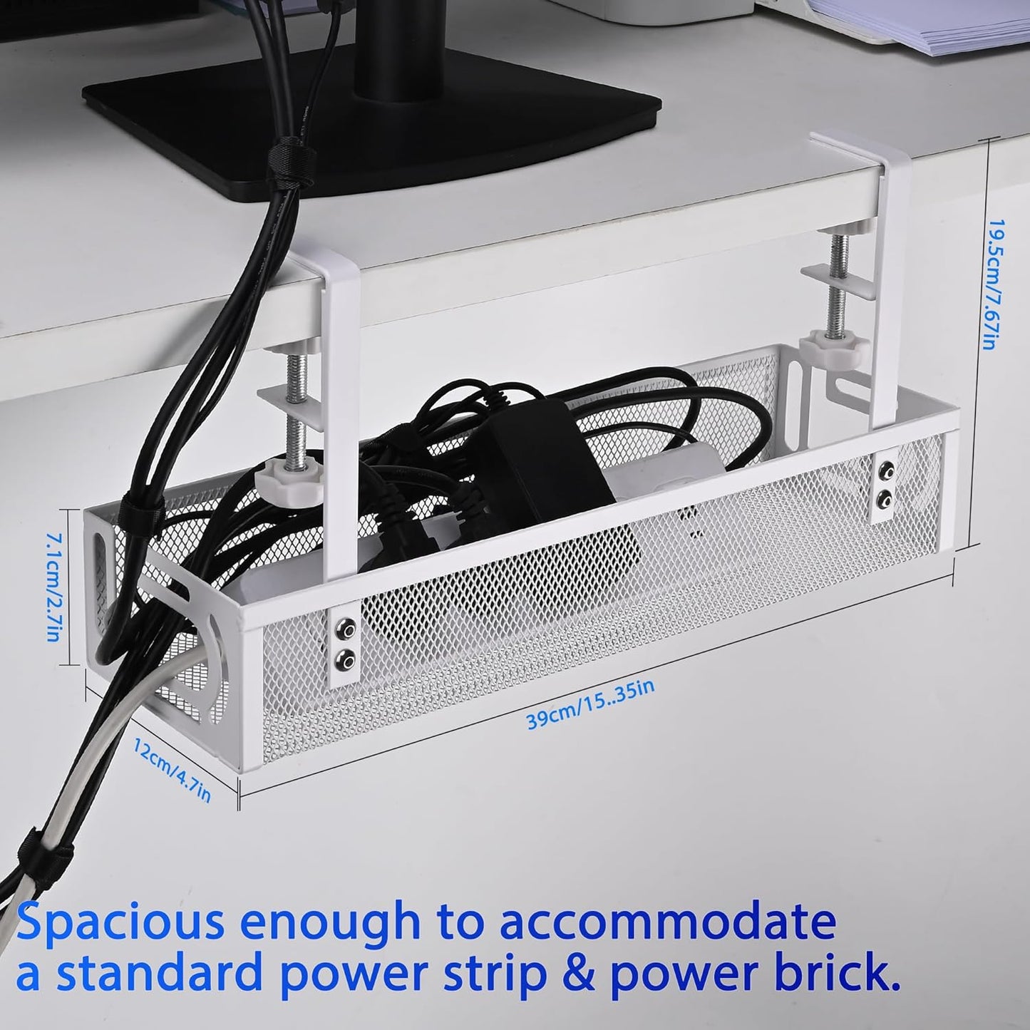 Under Desk Cable Management Tray – No Drill Cord Organizer & Power Strip Holder – Wire Cable Tray for Home Office Desk Setup (L-White)