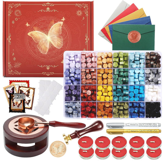Wax Seal Kit with Gift Box, 630 Pcs 24 Color Sealing Beads, Butterfly Stamp, Sealing Wax Warmer, Envelopes, Adhesive Stickers for Gift and Decoration (Classical Butterfly)