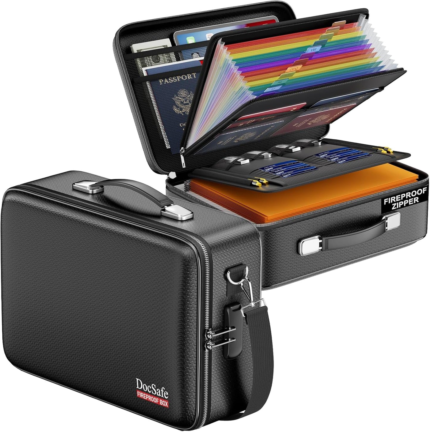 DocSafe Fireproof Document Box with Lock, Hard Case File Organizer with Accordion File Folder, Fireproof Water Resistant Safe Box Home Office Travel Storage for Important Documents Laptop Black