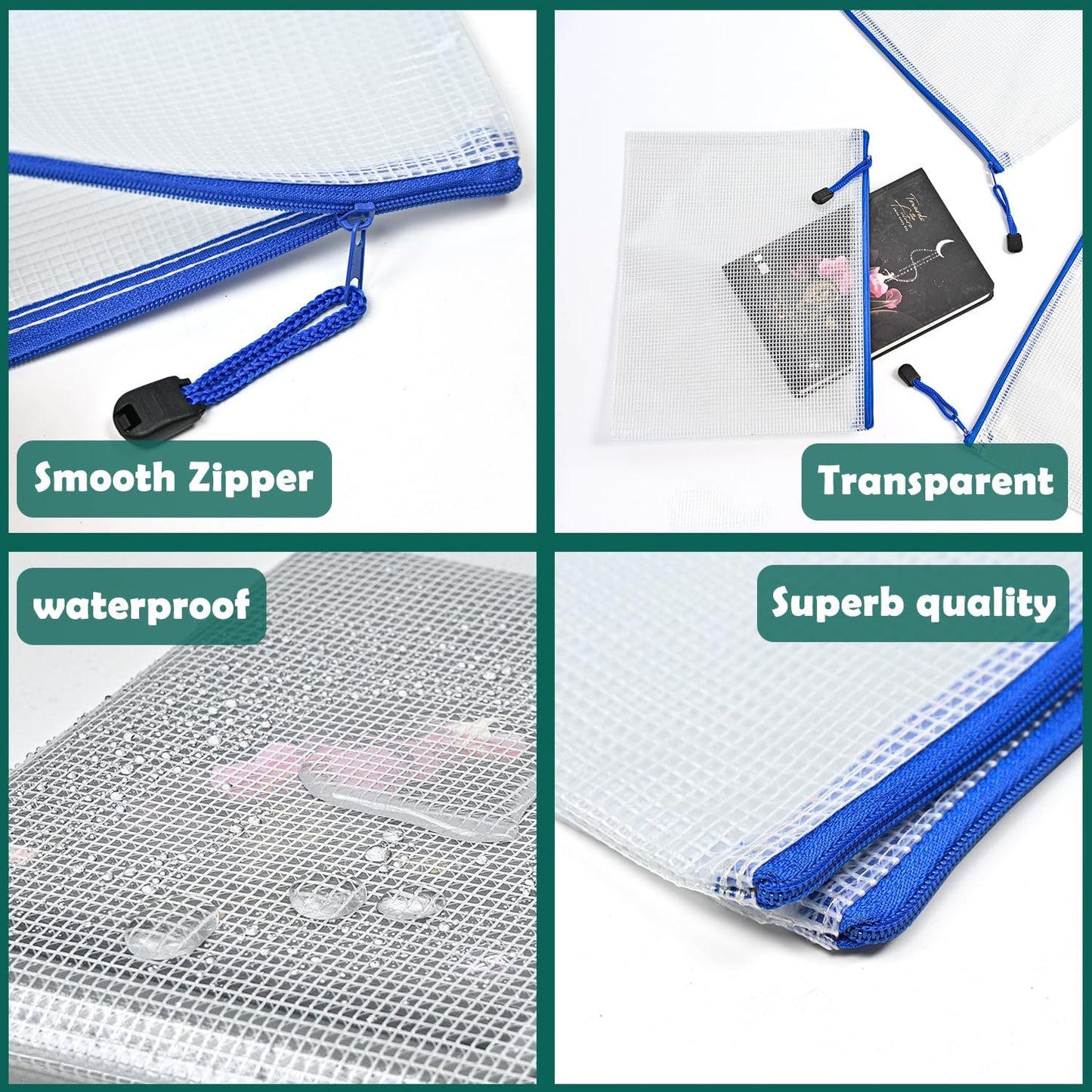 AUSTARK 10 Pcs Zipper File Bags, Waterproof Plastic Mesh Pouch for Office School, Board Game Storage Bags (A4 Size 13.4''x9.4'', White and Blue)