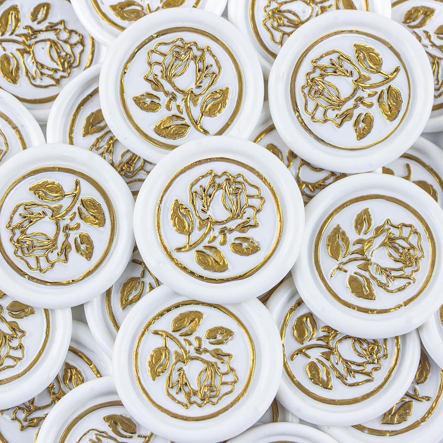 100Pcs Gold & White Wax Seal Stickers - Handmade Envelope Seals, Self Adhesive Wax Stickers for Wedding Party Invitations, Envelope, Gift Wrap, Christmas (Gold Rose Style, White)