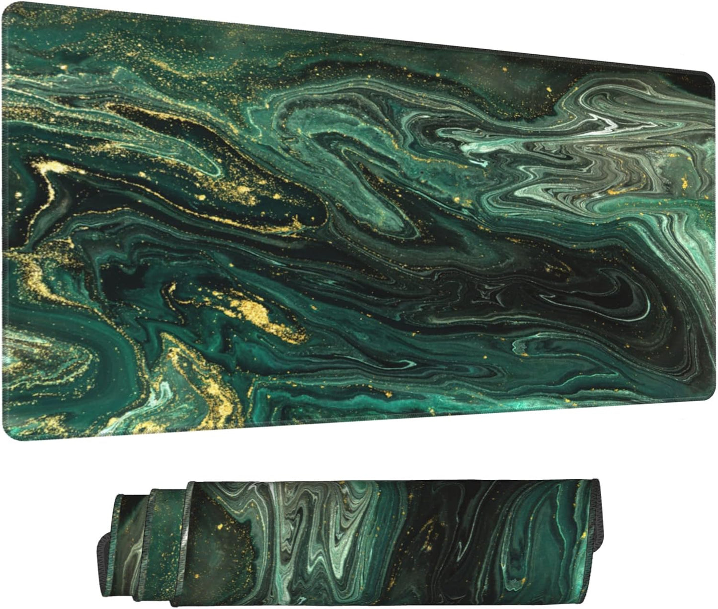 Desk Mat,Green Gold Liquid Marble Extended Gaming Mouse Pad for Office Work & Game,Computer Keyboard Mouse Mat Desk Non-Slip Rubber Base Large Mousepad with Stitched Edges, 31.5x15.7inch