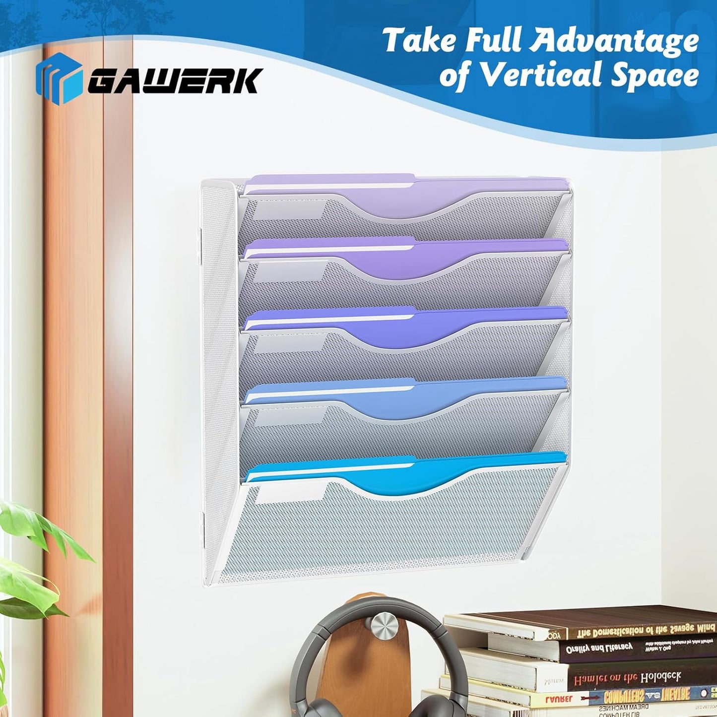 5 Tier Hanging Wall File Organizer, Mesh Mail Paper Orgnization Hanging File Folder Holder for Home Office, White