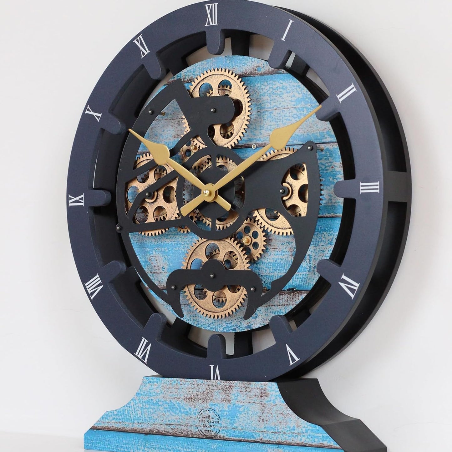 The Gears Clock 16 inches Wall Clock with Real Moving Gears Convertible into a Big Mantel Clock (Ocean Blue)