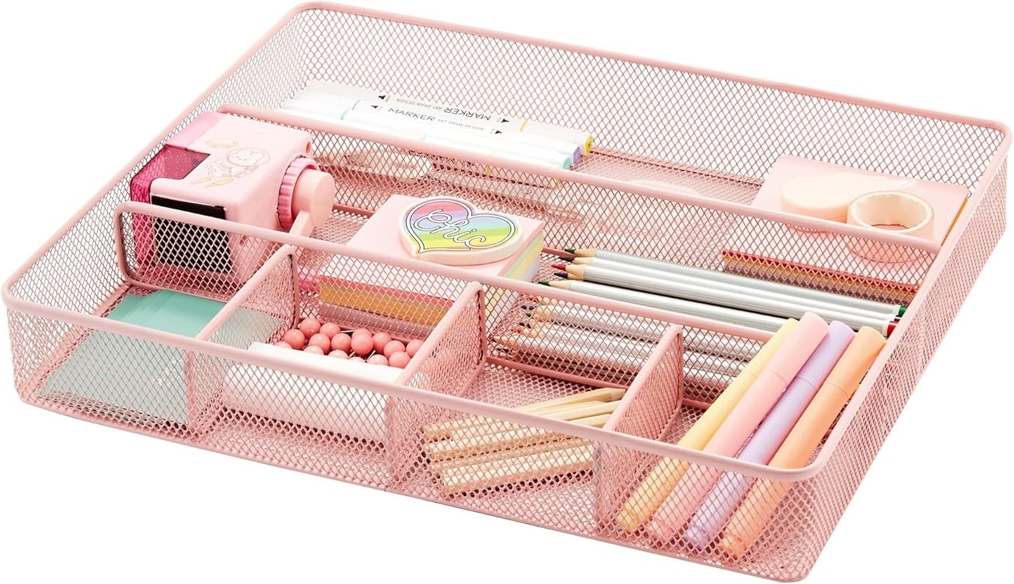 Annova Desk Top Organizer Tray for Office Organization - Metal Mesh - Storage Tray with Dividers for Pens, Desktop Accessories, Bathroom, Kitchen, Makeup and Office Supplies (Large, Light Pink)