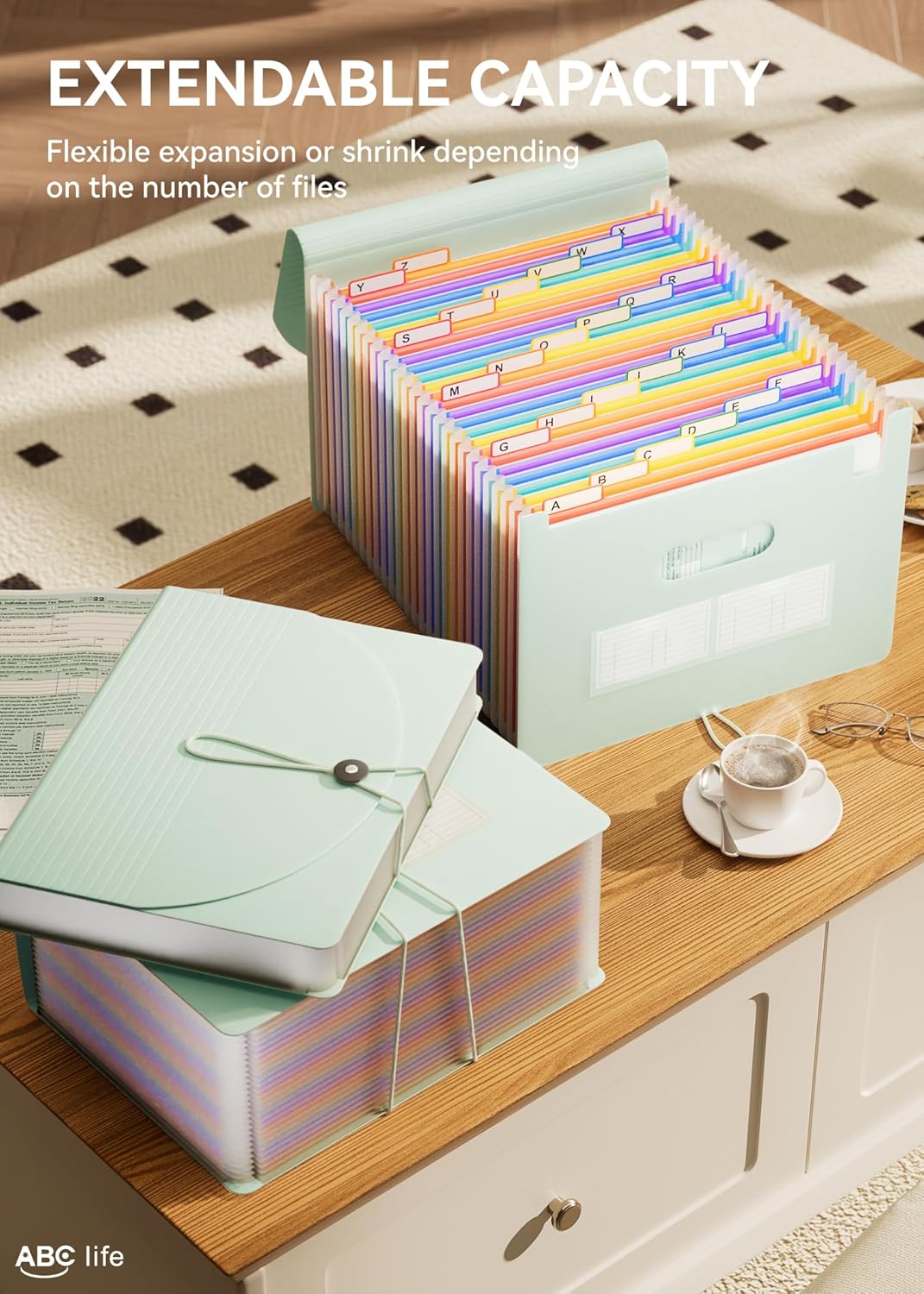 ABC life 26 Pockets Accordian File Organizer Expanding File Folders, Portable Letter A4 Size Filing Box,Plastic Monthly Receipt Document Organizer with Colored Tabs (Sage Green)
