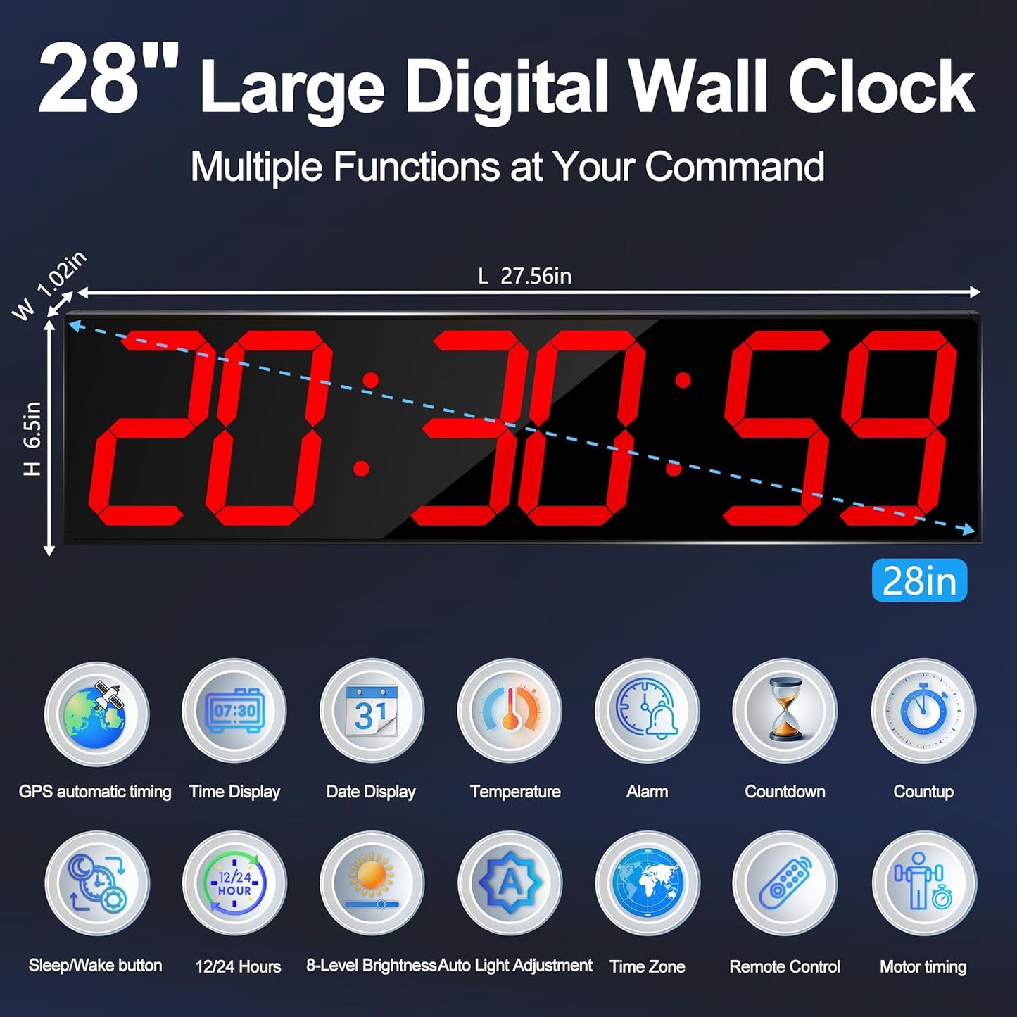 Large Digital Wall Clock 28" with GPS Auto-Sync, Remote Control & Timer, Wall-Mounted for Classroom, Office, Gym, Conference Room