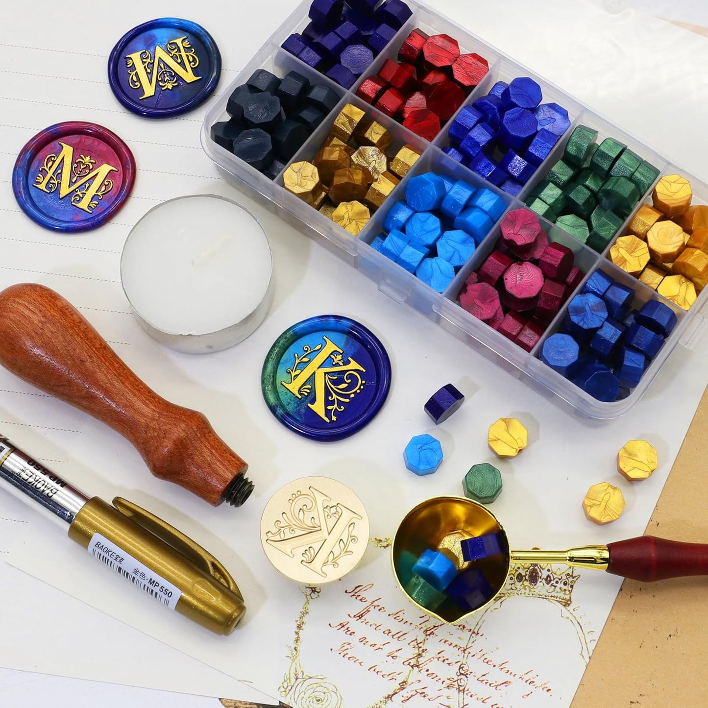 SWANGSA Initial Alphabet K Wax Seal Stamp Kit, Classic Retro Letter Sealing Stamp with 200pcs Sealing Wax Beads Kit for Wedding Invitations Cards Envelopes (K)