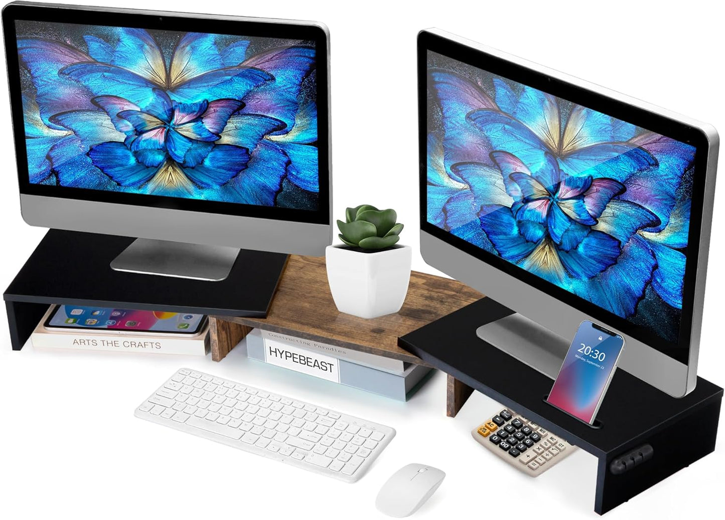 Dual Monitor Stand Riser for 2 Monitors, Monitor Stand for Desk, Adjustable Length Swivel Angle Wooden Desktop Organizer Stand Riser with Smartphone Holder for PC Monitor, Rustic Brown