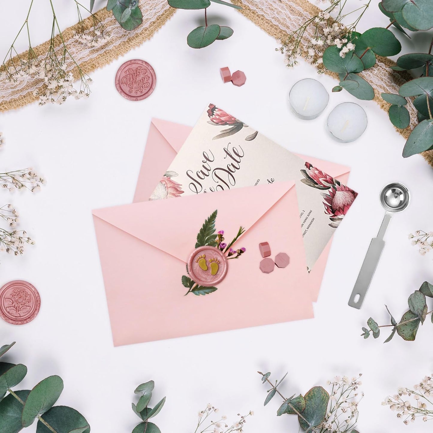 Yoption 300 Pieces Rose Gold Sealing Wax Beads, Vintage Octagon Wax Seal Beads with 4 Candles and 2 Wax Seal Melting Spoons for Wax Seal Stamp (Rose Gold)