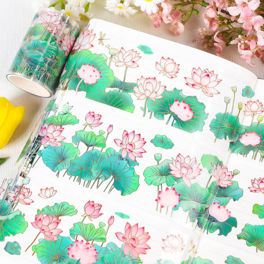PET Tape for Journal Scrapbooking - Green Pink Lotus Journal PET Tape Scrapbook Supplies, Scrapbook Notebook Bottle Crafts Décor