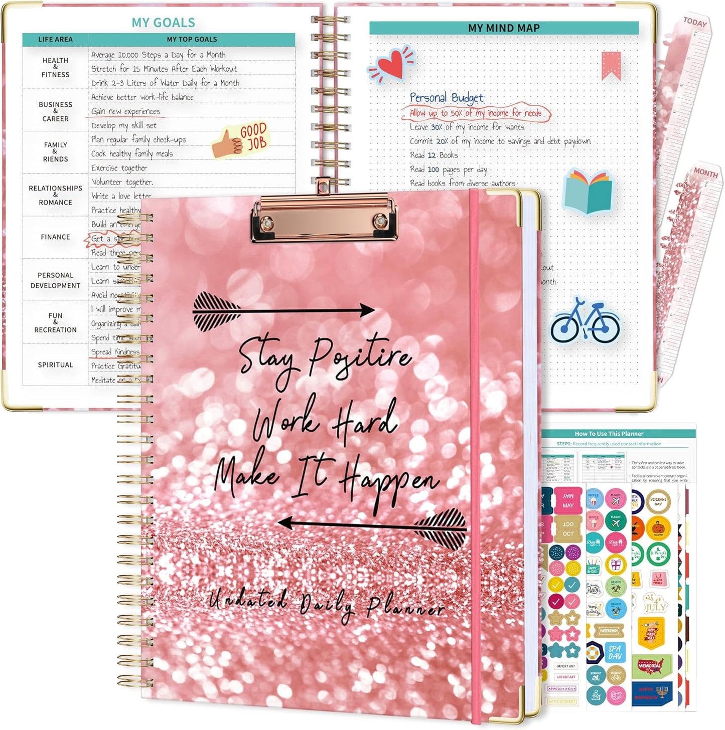Ospelelf Undated Spiral Bound Planner Daily, Weekly and Monthly Planner, Pink Teacher Planners 12 Month 8.5 x 11