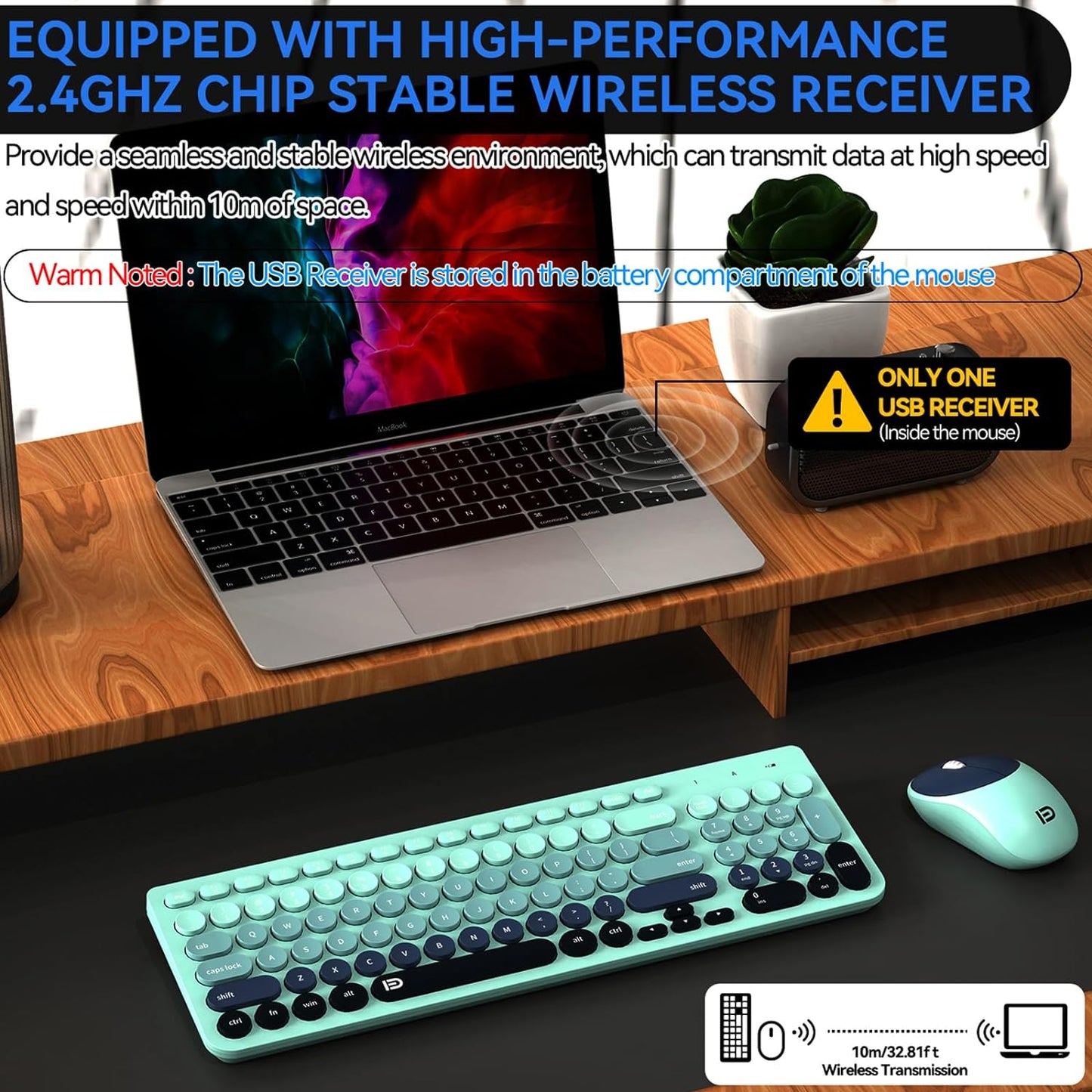 FD Wireless Keyboards and Mouse Combo - 2.4GHz USB Cordless, Cute Wireless Keyboard Round Keys, Quiet and Slim Set for Laptop, Computer, TV and Mac - Indigo Blue Colorful