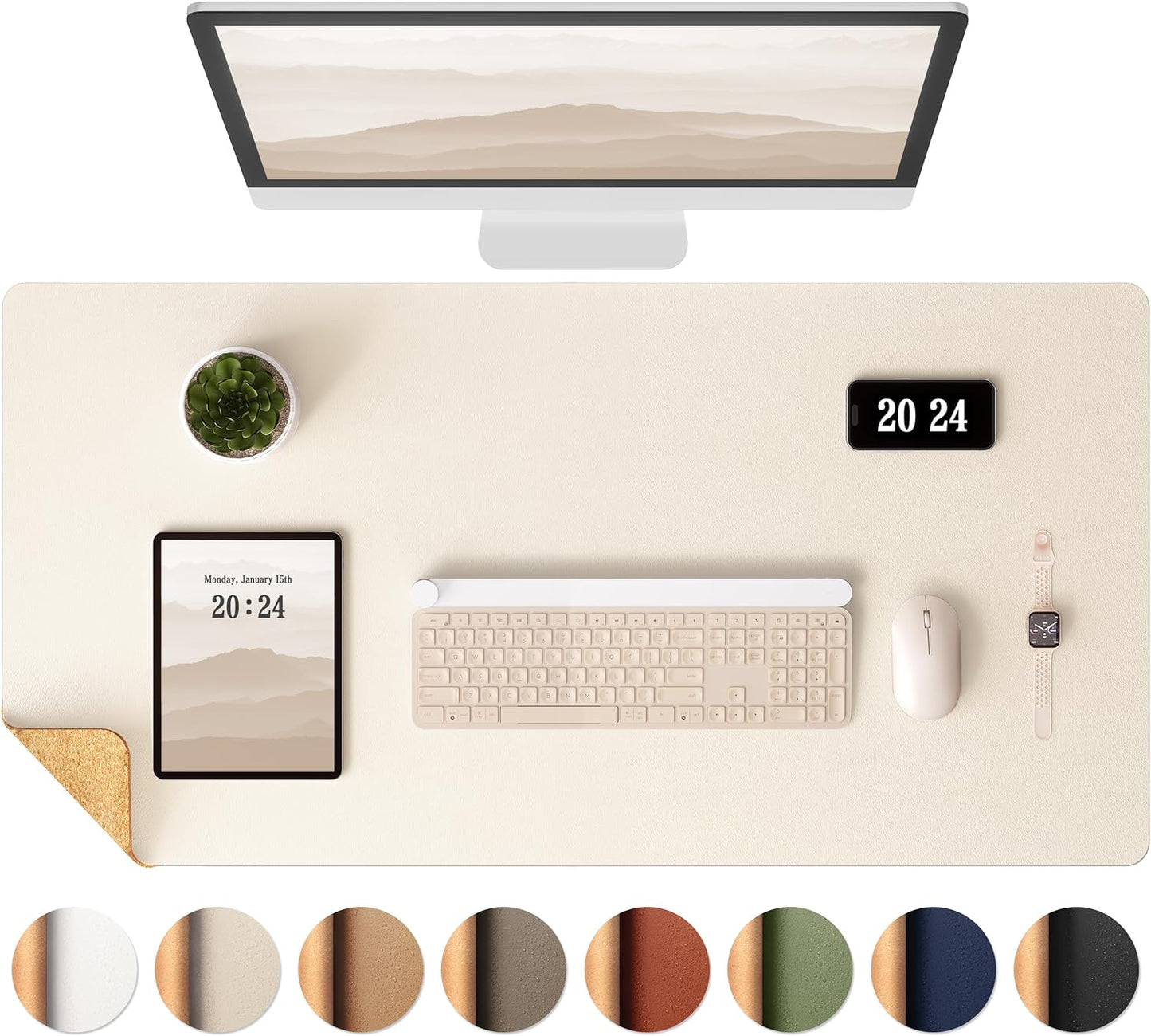 Aothia Dual-Sided Desk Mat - Leather & Cork Desk Protector, Large Mouse Pad & Writing Pad for Office/Home, Waterproof, Beige (35.4" x 15.7")