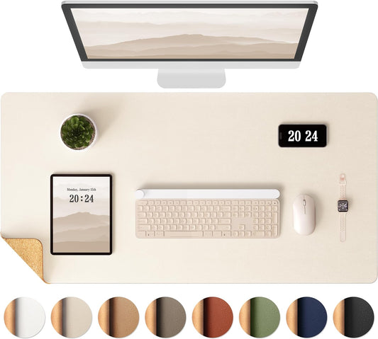 Aothia Dual-Sided Desk Mat - Leather & Cork Desk Protector, Large Mouse Pad & Writing Pad for Office/Home, Waterproof, Beige (35.4" x 15.7")