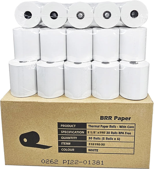 (30 Rolls) 3 1/8 x 190 Thermal Paper Rolls Compatible with Clover Stations, Square Stations and Most Receipt Printers