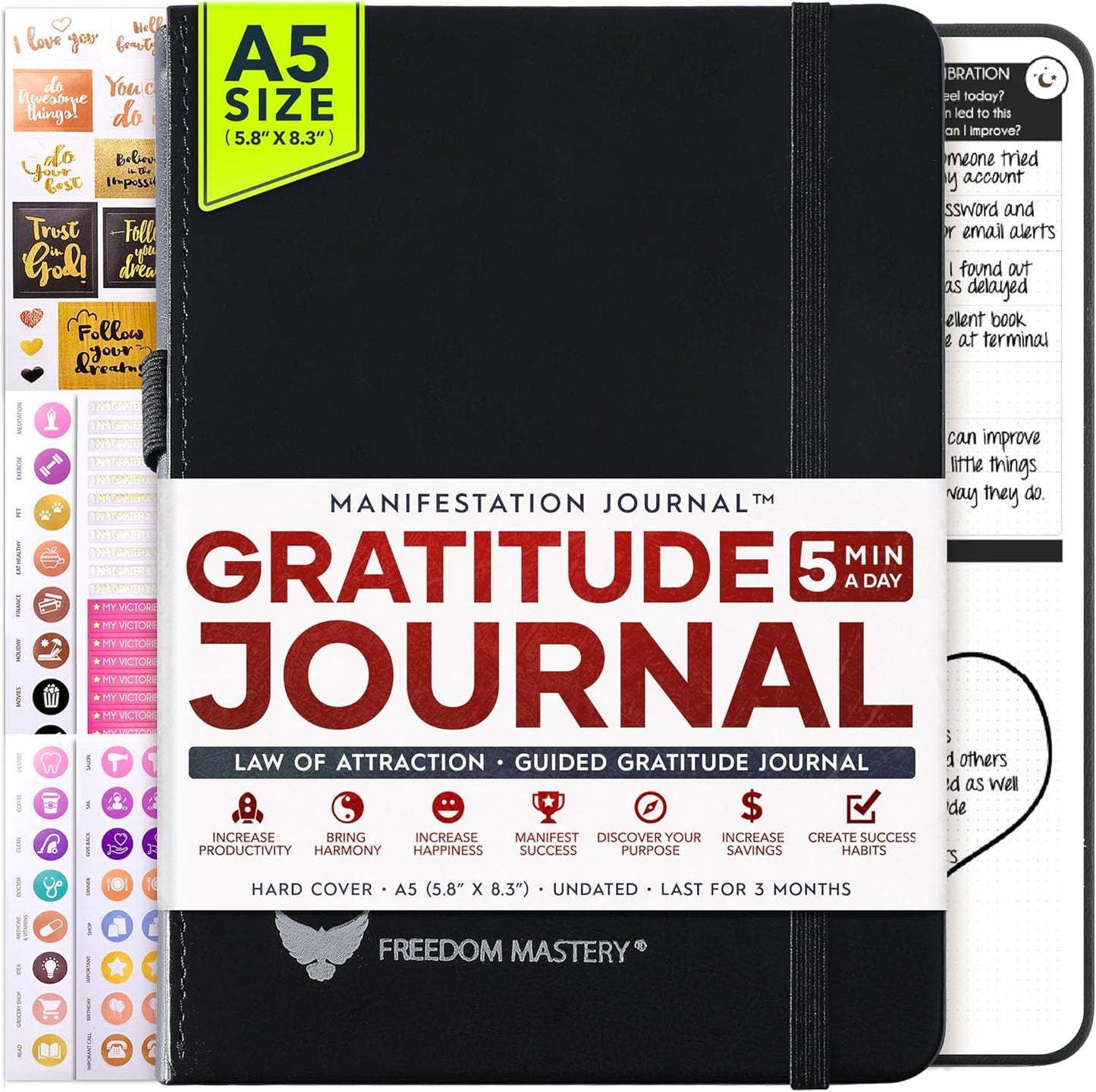 Gratitude Journal for Women & Men - 5 Minute Self Care Journal | 90-Day Undated Daily Planner for Positivity, Affirmations & Manifestation | Guided Mindfulness, Reflection | Vision Board + Stickers