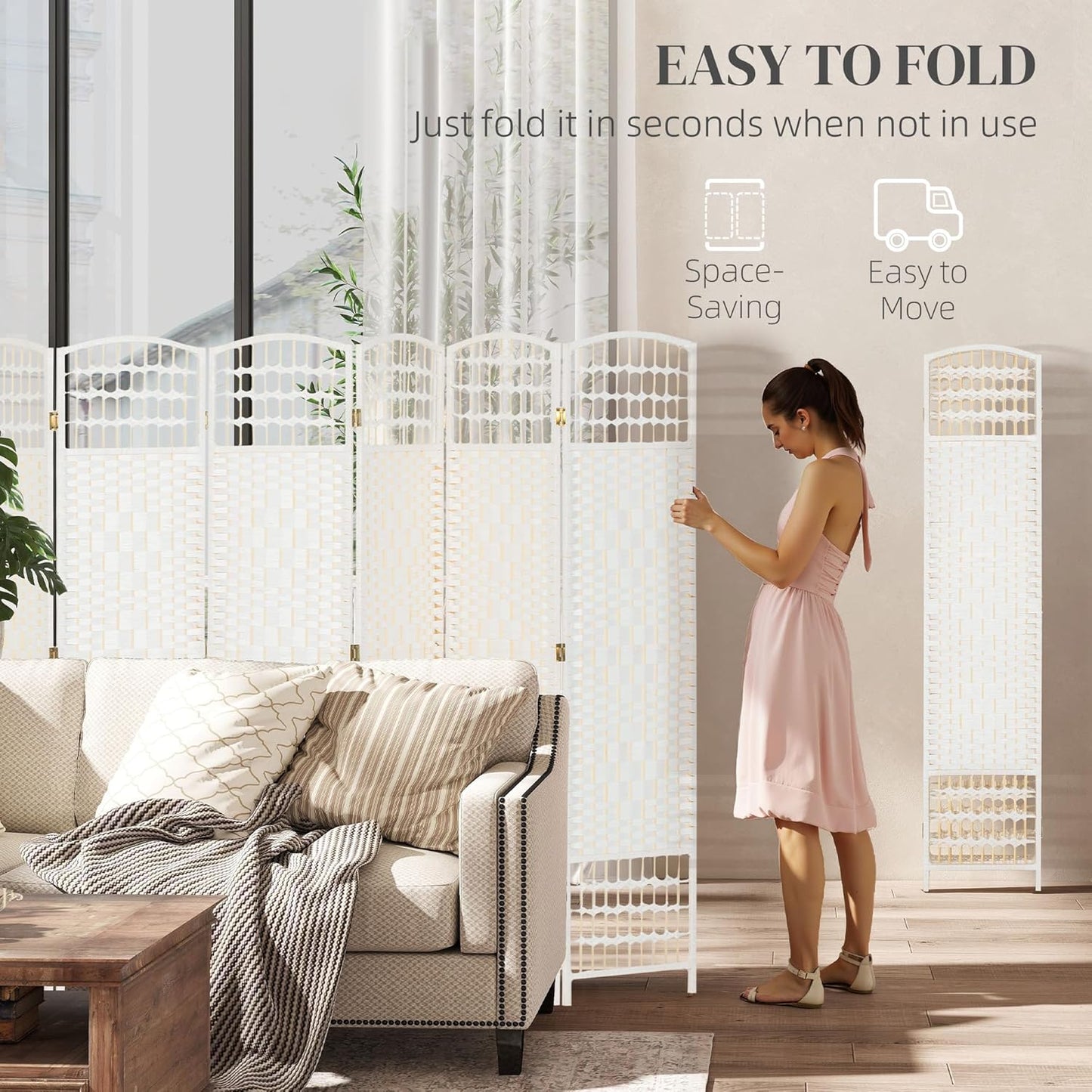 HOMCOM 8 Panel Room Divider, Folding Privacy Screen, 5.6' Room Separator, Wave Fiber Freestanding Partition Wall Divider, White