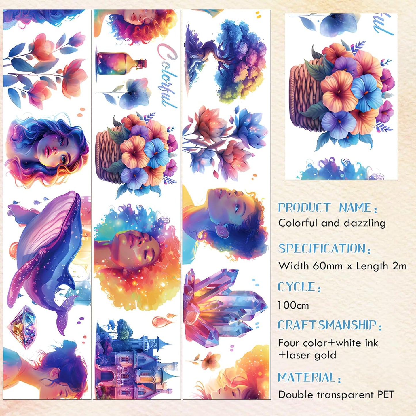 PET Tape for Journal Scrapbooking - Coloful Characters Flower Journal PET Tape Scrapbook Supplies, Scrapbook Notebook Bottle Crafts Décor