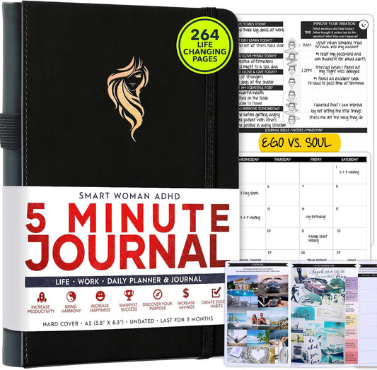 ADHD Planner for Adults - 5 Minute Gratitude & Manifestation Journal | 90-Day Undated Daily Planner for Positivity, Affirmations & Self Care | Guided Mindfulness, Reflection | Vision Board + Stickers
